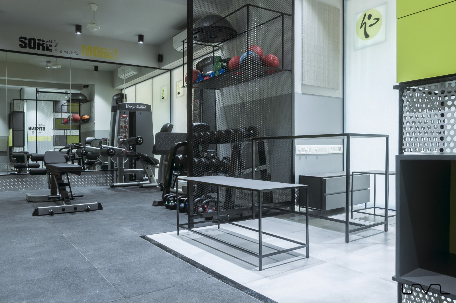 Gym Design With Bright Lime Green Highlighted In Neutral Surrounds SML Architects The
