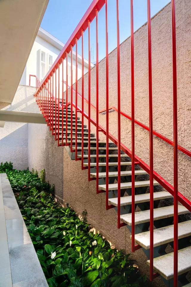 Red staircase in Goa Institute of Management