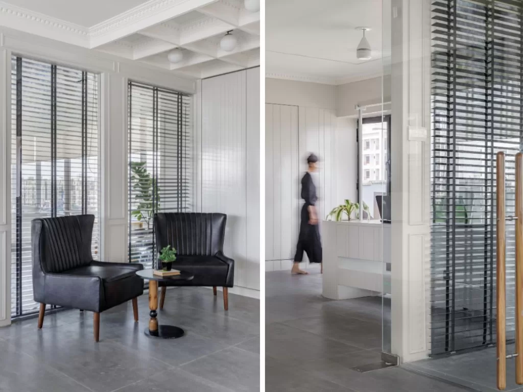 Robust studio office interiors - main cabin with louvers partition